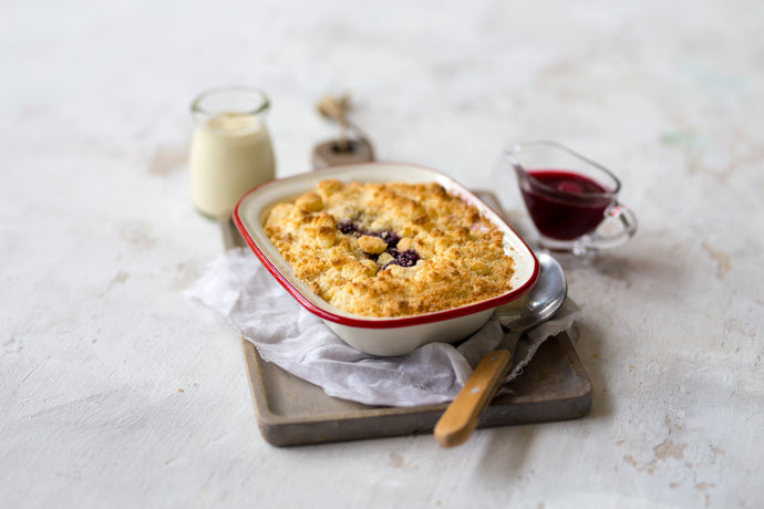 Gluten Free Poached Pear and Blueberry Crumble